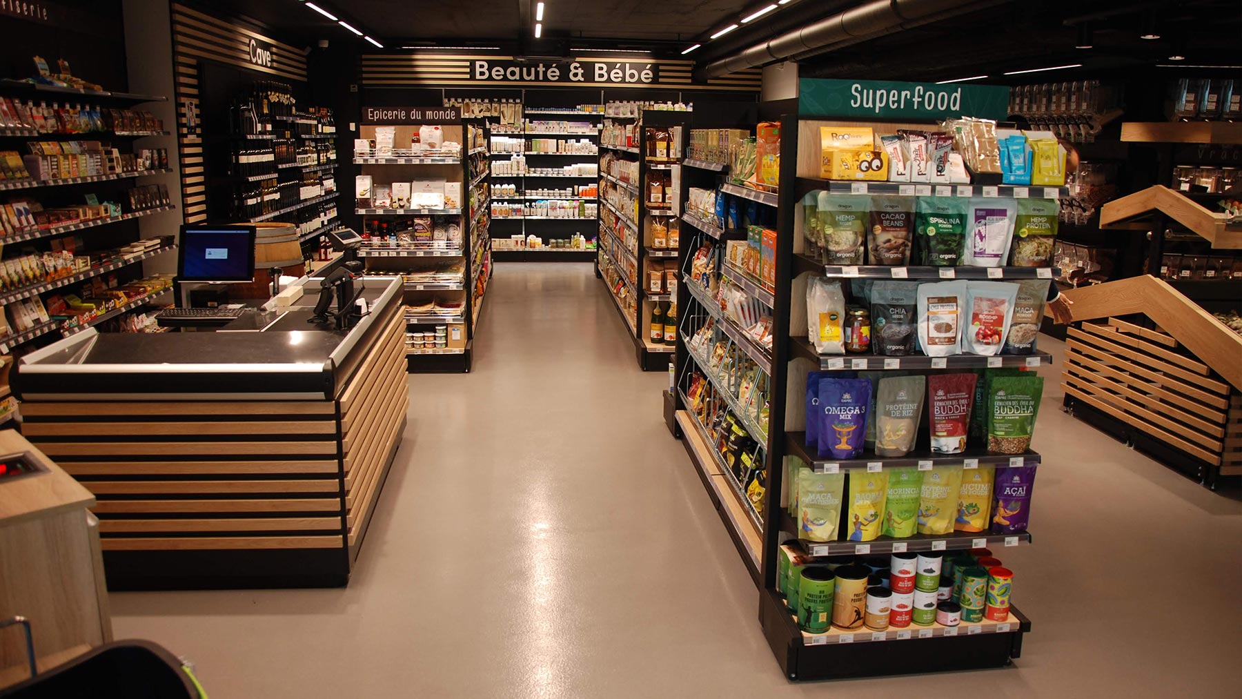 Black coloured shelving for retail