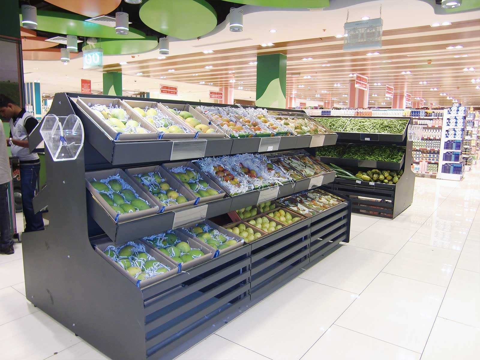 supermarket fruit and veg stands